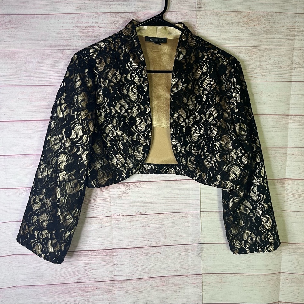 I.N.‎ Studio Black with Tan Lining Lace Bolero Jacket Size 14